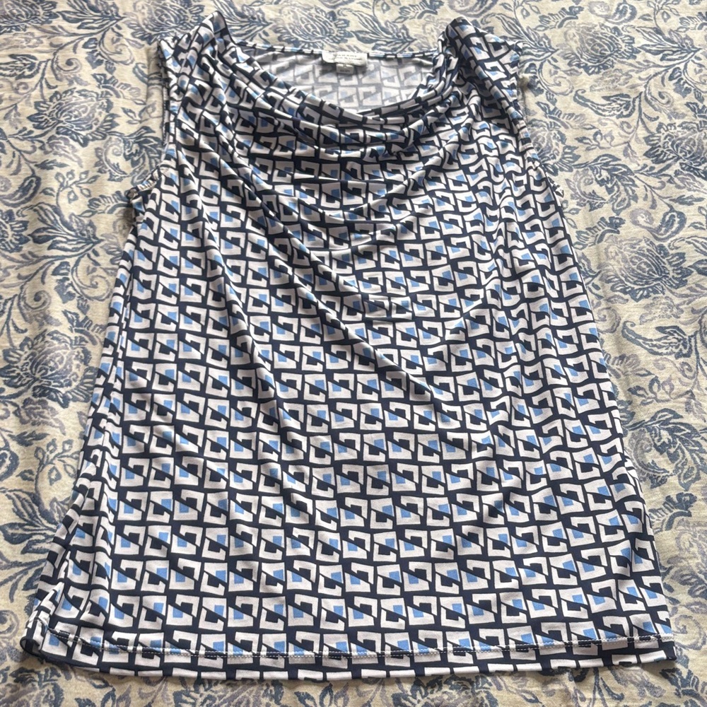 Tahari Navy and White Geometric Cowl Neck Camisole Medium